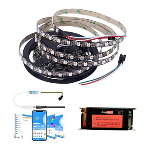 WS2812B RGB 60LED/M Individually Addressable Pixel LED Strip with SP621E Music Sync Bluetooth controller and 5V 5A Power Supply